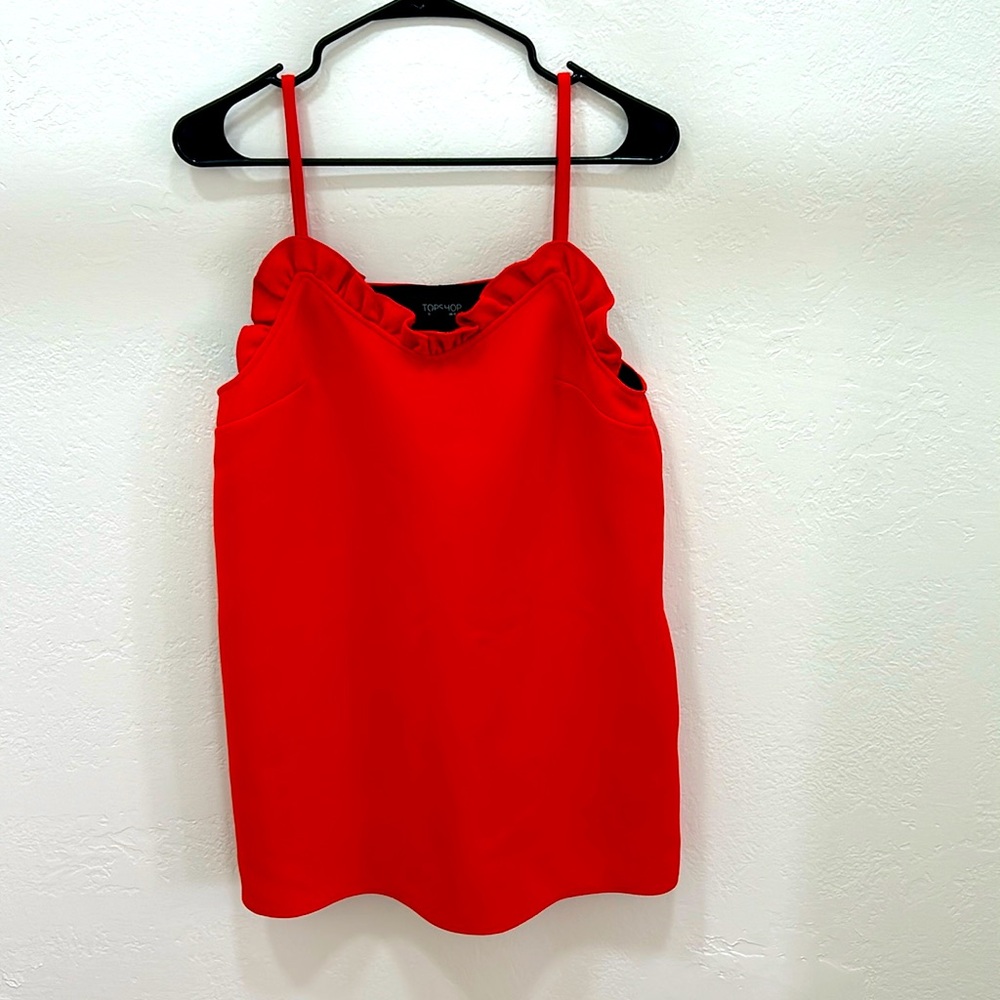 TopShop Red Orange short dress / tunic w/ ruffle detail and pockets